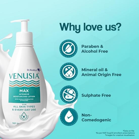 Dr. Reddy's Venusia Max Intensive Moisturizing Lotion | Dermatologist Recommended | Clinically Proven | For Normal to Very Dry Skin| 500 g