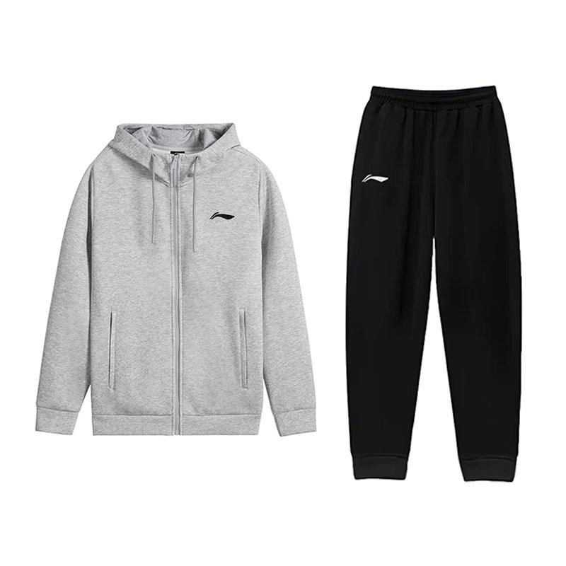 Li-Ning Minimalist Solid Color Fashion Cotton Soft Comfortable Windproof Versatile Hooded Cardigan Sweatshirt Casual Sports Suit AWDVP74-1+AKLVJEE-1 L