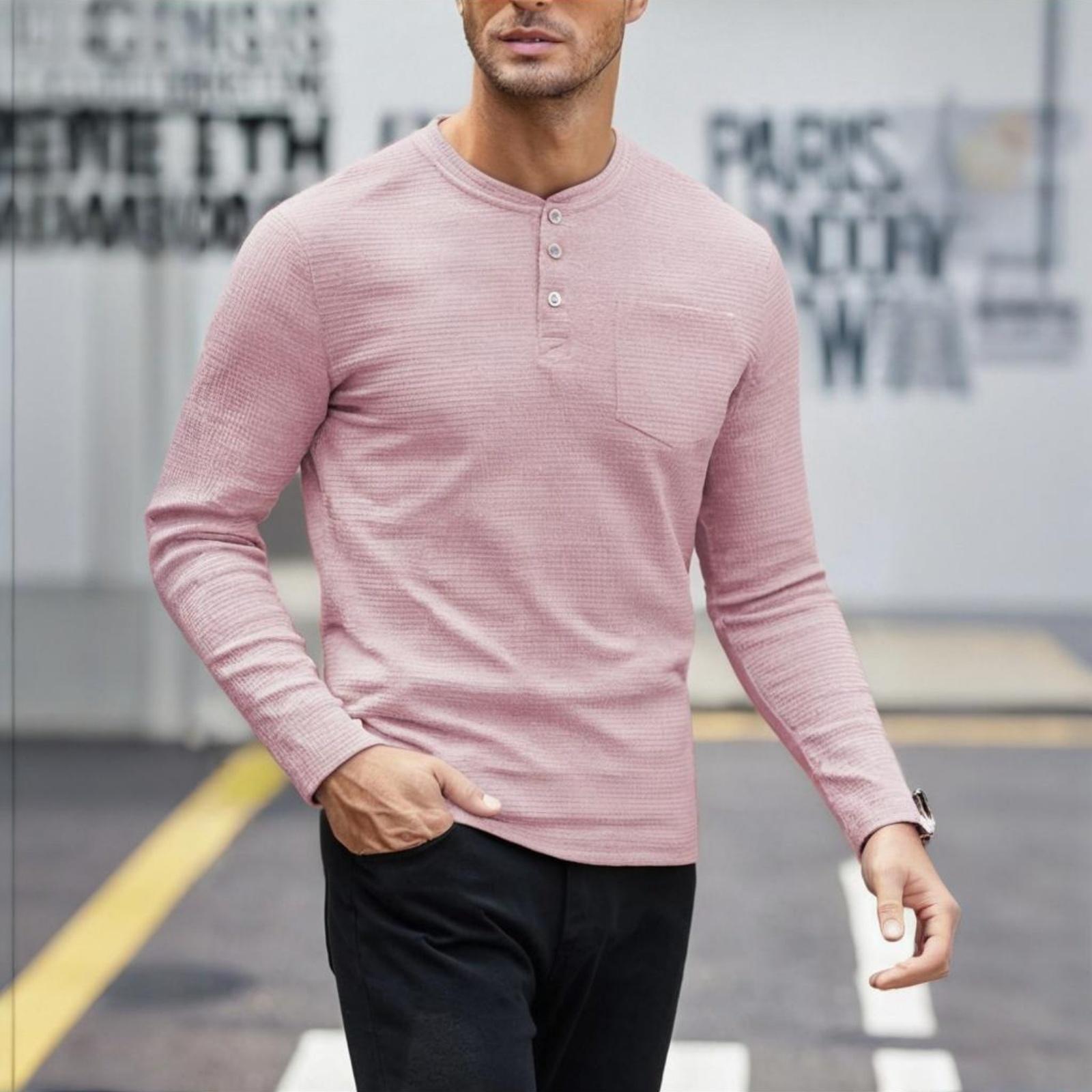 

Мужская повседневная спортивная рубашка с длинным рукавом, мужской топ на пуговицах с круглым вырезом XL розовый