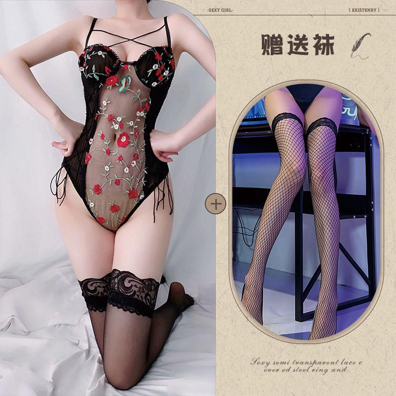 Sexy Ladies Mesh Embroidery Perspective Onesie Sexy Pure Sexy Underwear Set