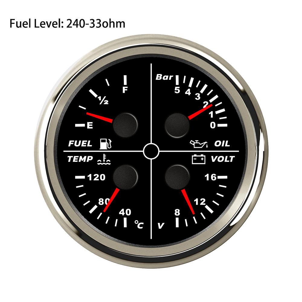 ELING 85mm 4 in 1 Multifunction Meter Oil Pressure 5Bar 10Bar 80PSI Water Temperature Oil Level 8-16V Voltmeter for Cars Ships