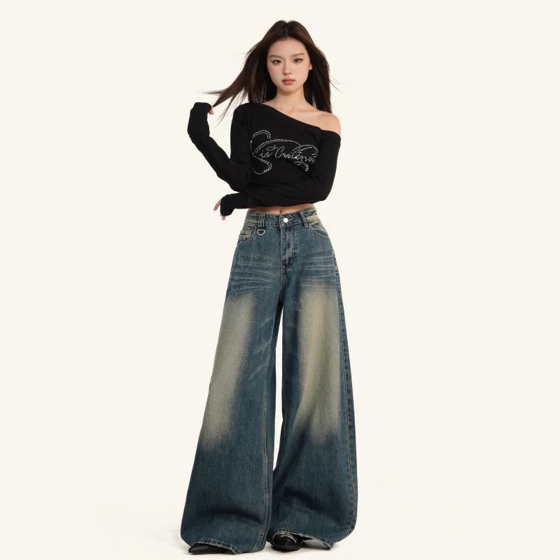 

2025 Women s American Retro Blue Distressed Wide-Leg Jeans - Relaxed Fit, Floor-Length. S