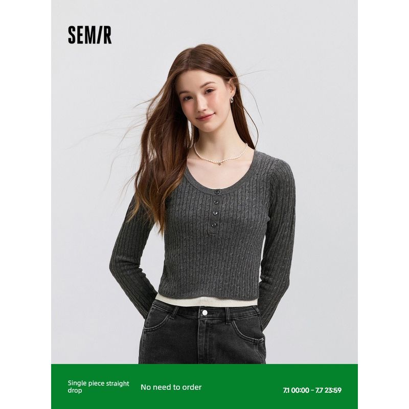 

Senma Sweater Women s Short Fake Two-Piece Silm Slim Looking 2025 Spring New Arrival Tight Twisted Sweater Base Tops White gray tone 00312 155/80A/S