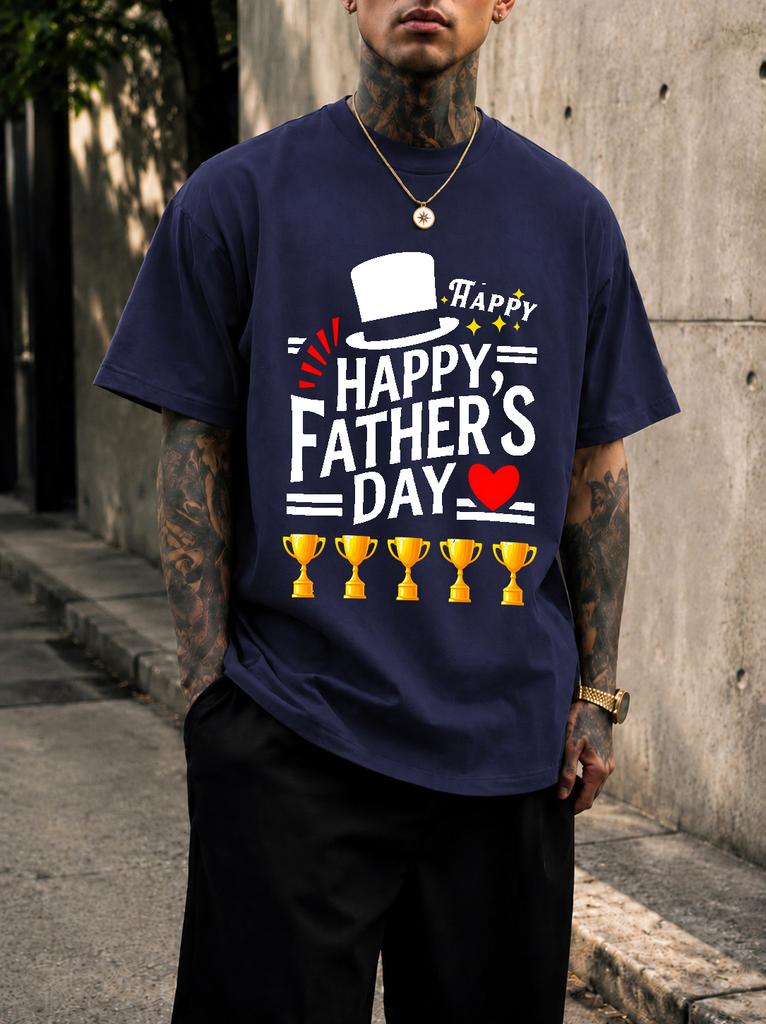 2026 New Pure Cotton Tshirt Happy Fathers Day Hat Trophy Slogan Print Round Neck Short Sleeve Casual Top