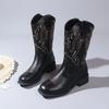 Vintage Brown Western Cowboy Boots Women's Autumn Slim Mouth Embroidery Square Head Thick Heel Medium Tube Knight Boots Long Boots