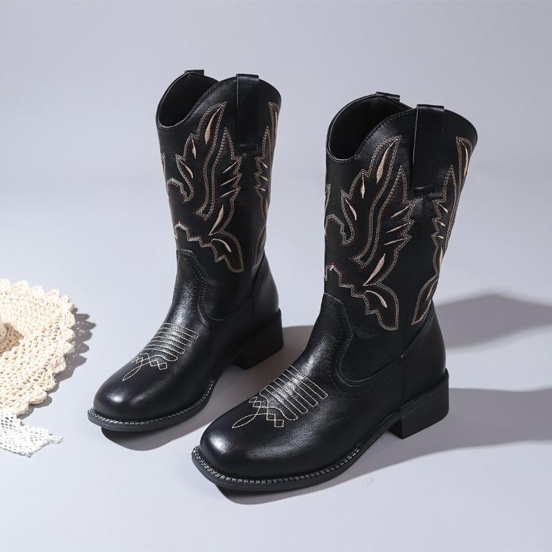 Vintage Brown Western Cowboy Boots Women's Autumn Slim Mouth Embroidery Square Head Thick Heel Medium Tube Knight Boots Long Boots
