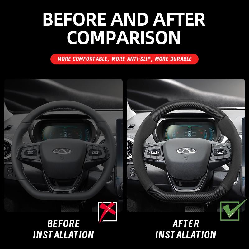 For CHERY Suede Carbon Fiber PU Leather Steering Wheel Cover Fit Tiggo 7 Pro Max 2 8 4 5 9 Qq Fx Arrizo Fulwin Omoda T11 QQ