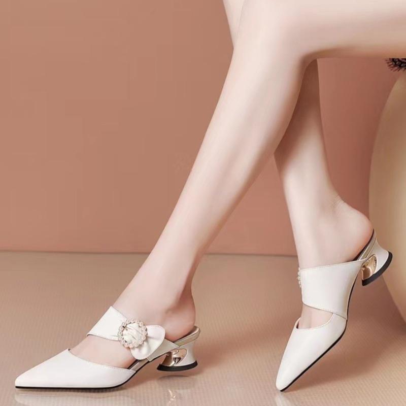 Special-shaped Heel Baotou Slippers Summer New Pointed Toe Shallow Mouth Pearl Buckle One-band Non-slip High Heels