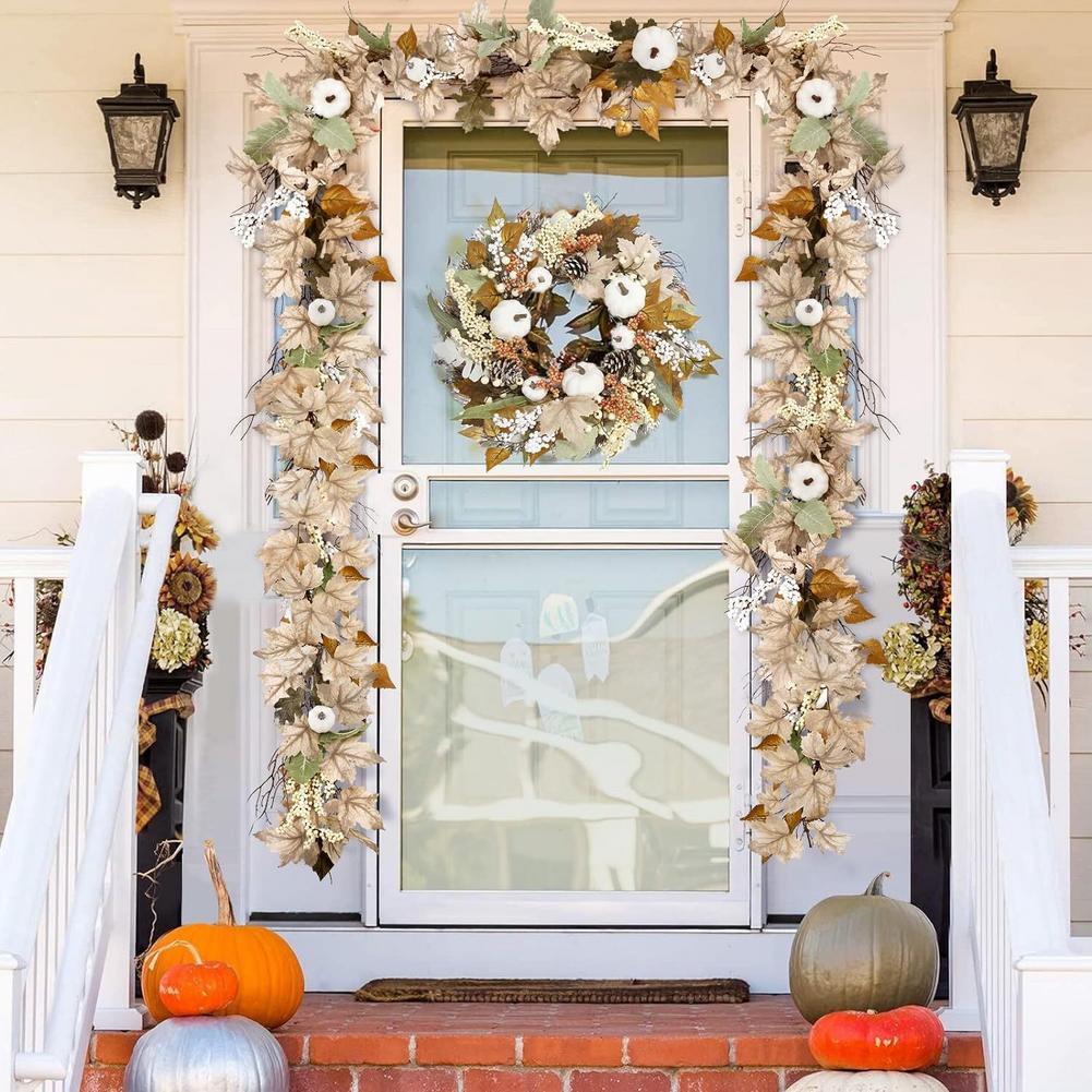 Fall Garland Autumn Maples Leaf Pumpkin Berry Garland Thanksgiving Halloween Home Mantle Fireplace Decorations Hanging Supplies