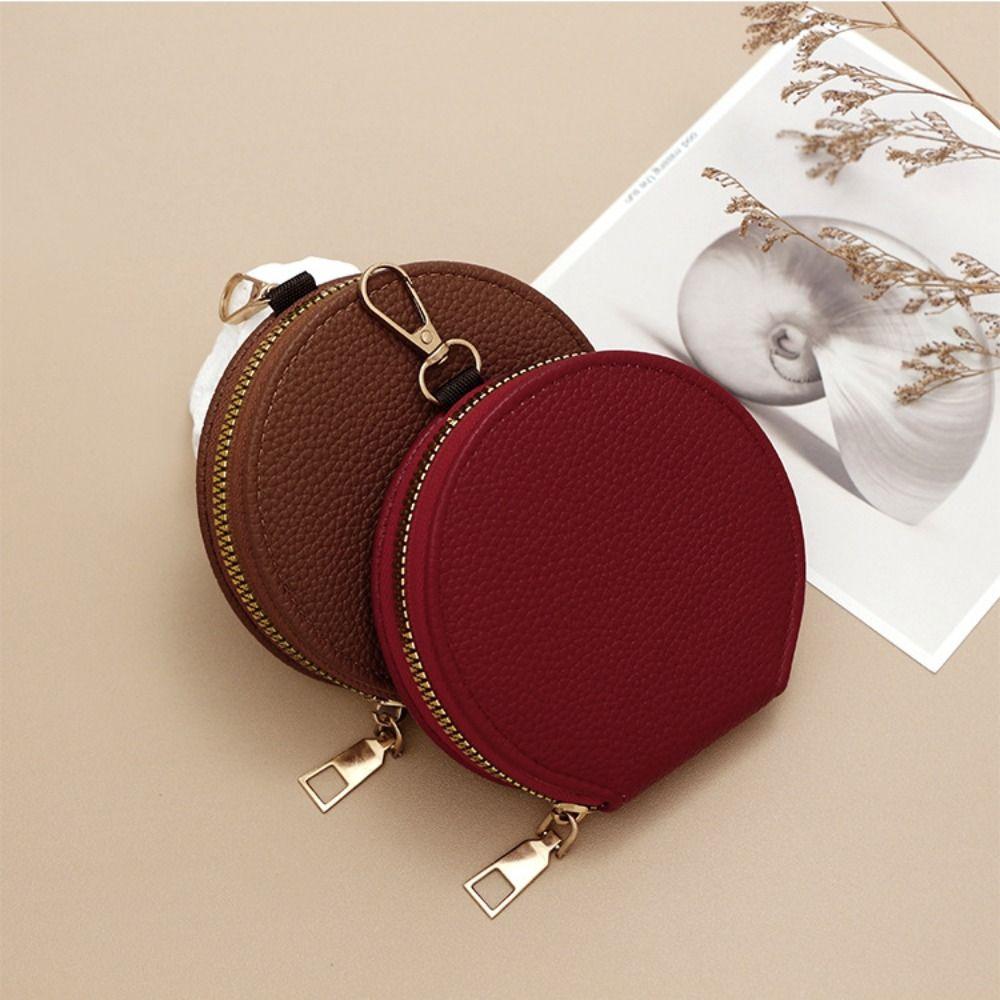 Korean Style Women Round Wallet Small PU Leather Card Holder Bag Zipper Coin Purse Girls Money Bag with Chain