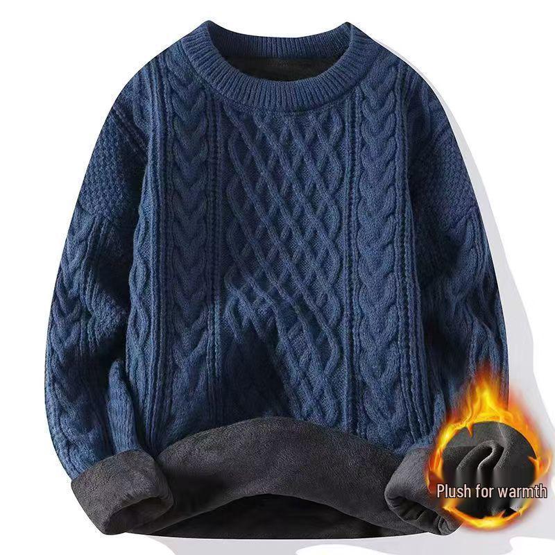Luxury Autumn/Winter Velvet-Lined Cable Knit Sweater: Warm, Versatile, Thick Round Neck In Black & White
