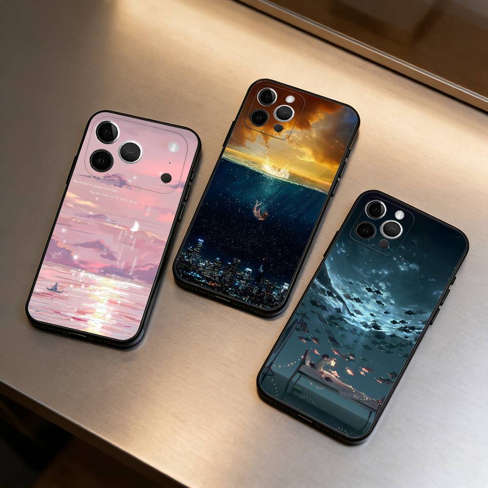 Night Water Dream Art Phone Case For iPhone 17,16,15,14,13,12,11 Plus,Pro Max,Soft Silicone Black Cover