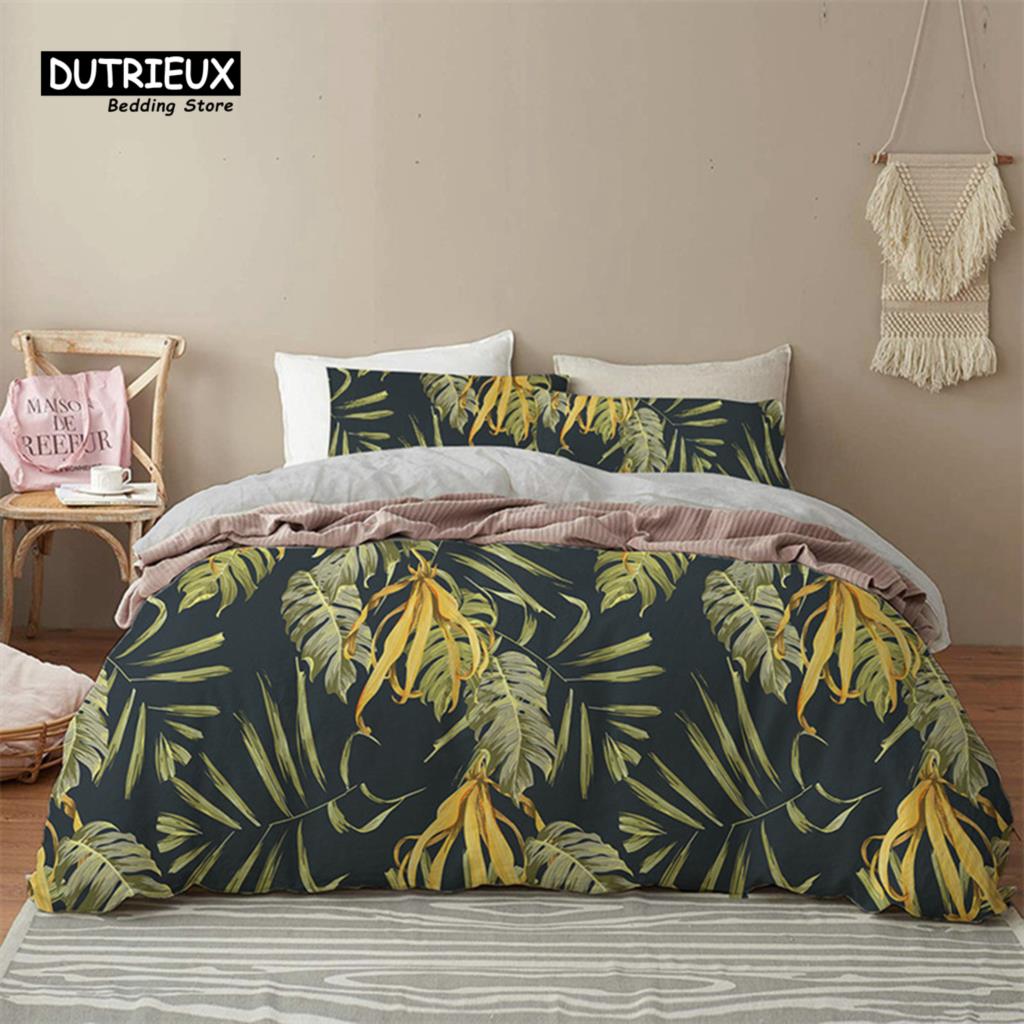Comforter Green Palm Leaf Floral Bedding Set Tropical Leaves Flowers Animals Microfiber Comforter For Adults Kids Decor