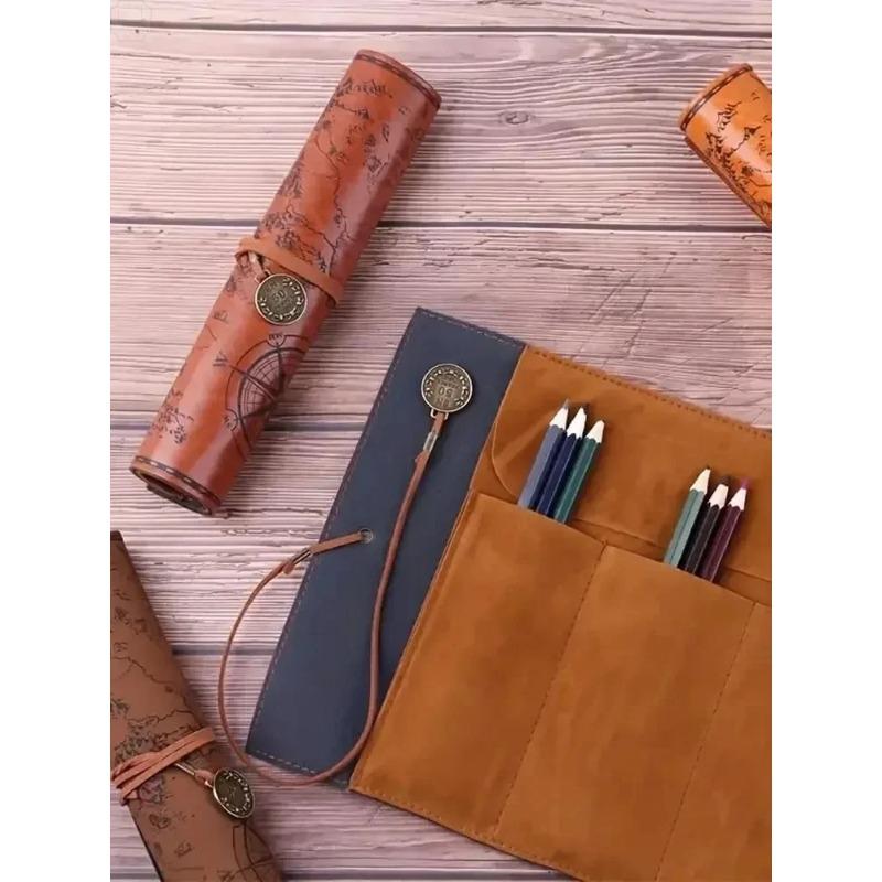 Vintage Treasure Map Roll Pencil Case – Large Capacity Leather Stationery Bag with Embossed Buckle