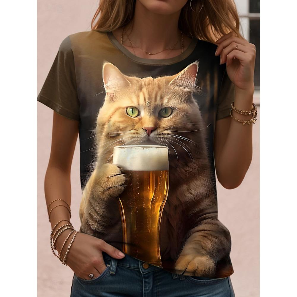 Women's Funny Cat 3D Prints T-Shirt Short Sleeve Tees Tops 3D Prints Crew Neck Shirt Summer Casual Women's Clothing Apparel
