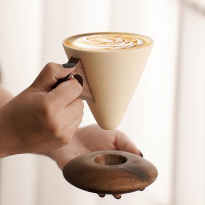 Cone Coffee Cup & Saucer Set Mid-Century Modern Cone Mug with Wooden Handle Handcrafted Ceramic Latte Mug Home Cafe Decor Gift for Coffee Lovers