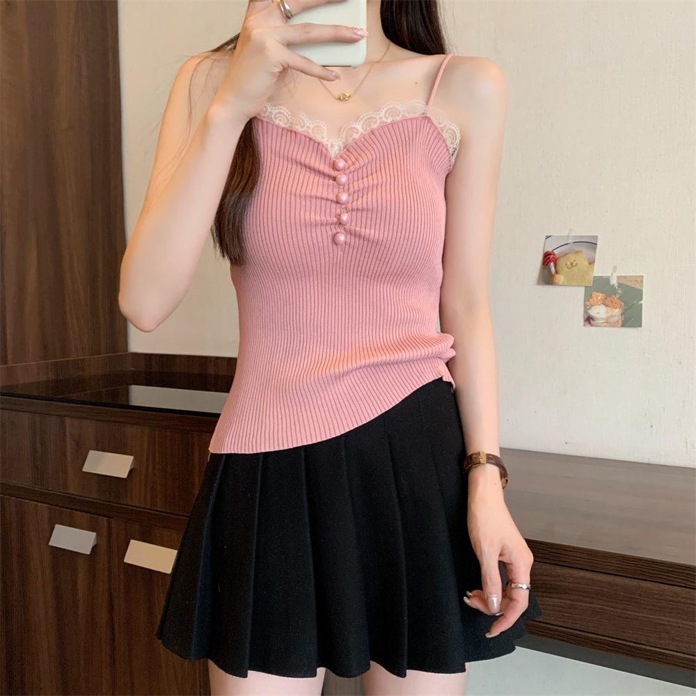 

Вязаный жилет-майка в корейском стиле для женщин, летняя верхняя одежда, дизайнерский, нишевый, кружевной базовый слой, сексуальный топ L розовый