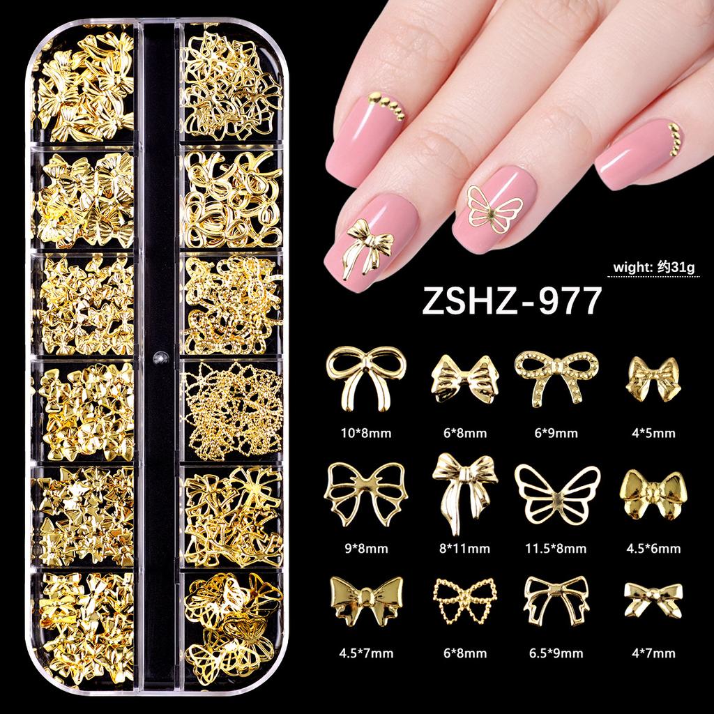 Japanese Bow Strip Box, Gold And Silver Nail Art Rivets, Half A Piece, Round Beads, Small Rice Grains, Butterfly Metal Nail Patch.