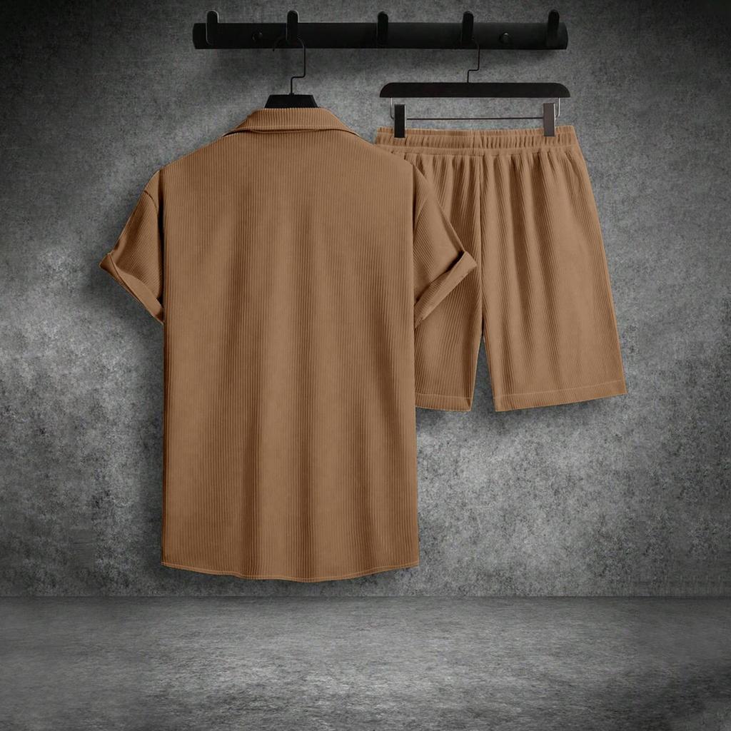 Men's Summer Solid Color Stripe Casual Fashion Loose Short-Sleeved Shorts Shirt Suit