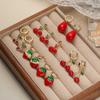 HECHENG, Korean Fashion Shiny Zircon Enamel Drip Oil Red Strawberry Cherry Fruit Earrings Ladies Exquisite Cute Zircon 1 Pair