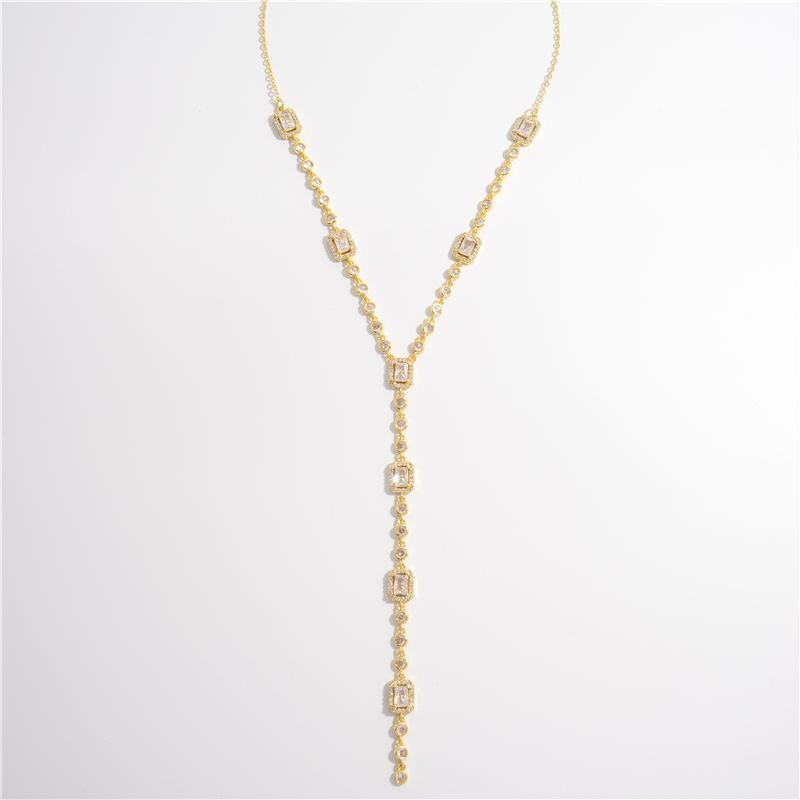 

18K Gold Plated Brass Unique Zircon Rectangle Long Chain Necklace for Women Sexy Vintage Link Chain Chest Zircon New Fashion золотой