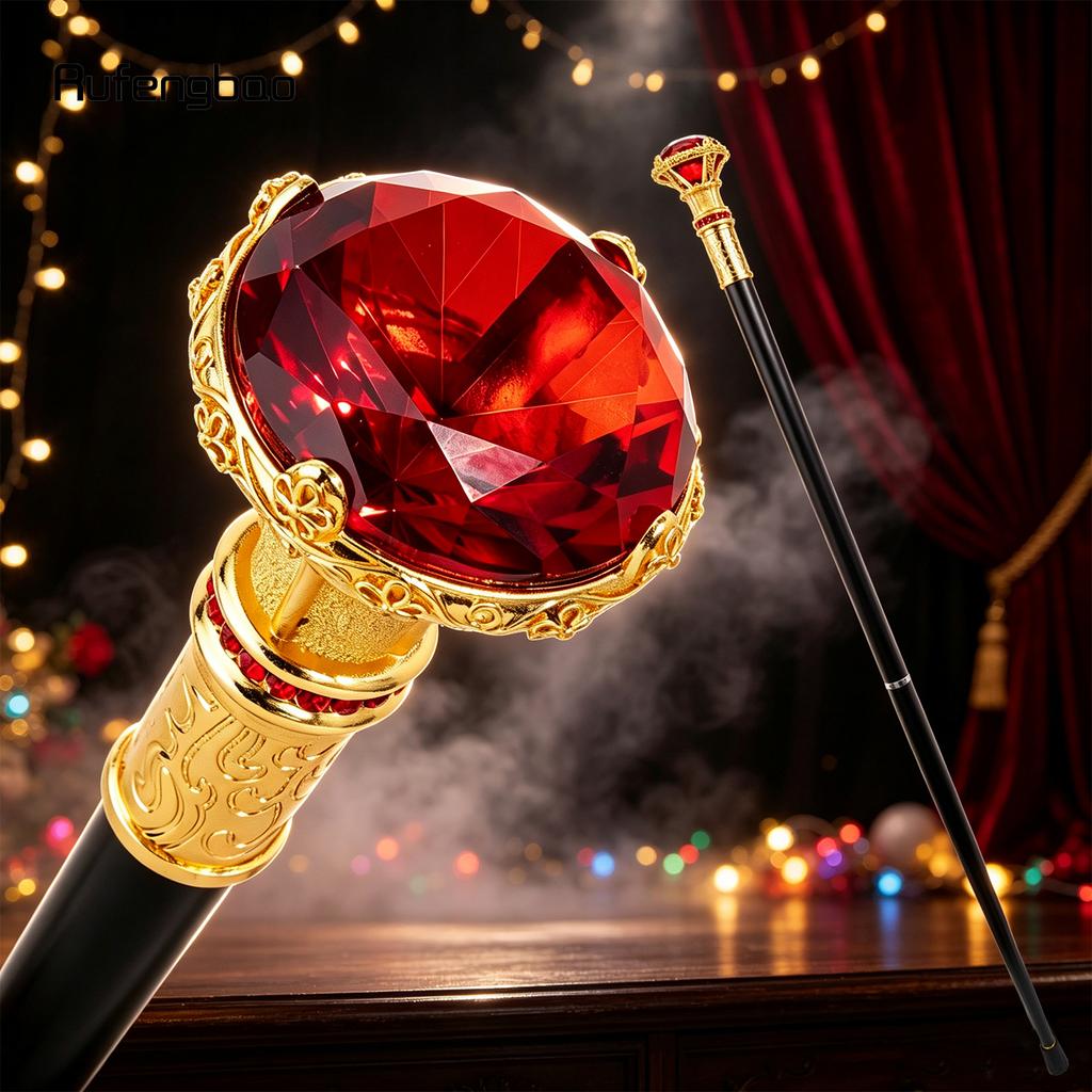 Bastone da Passeggio Tipo Diamante Rosso Dorato Bastone da Passeggio Decorativo alla Moda Gentleman Elegante Bastone Cosplay Pomello Pastorale 93cm