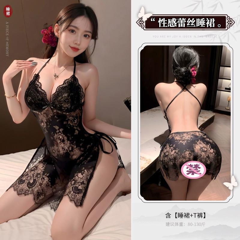 Sexy Female Deep V Neck Lace Back Strap Mesh Lace Sheer Sleepwear Dress Elegant 2025 New Tops Mini Dress Hot Sexy Korean N50P