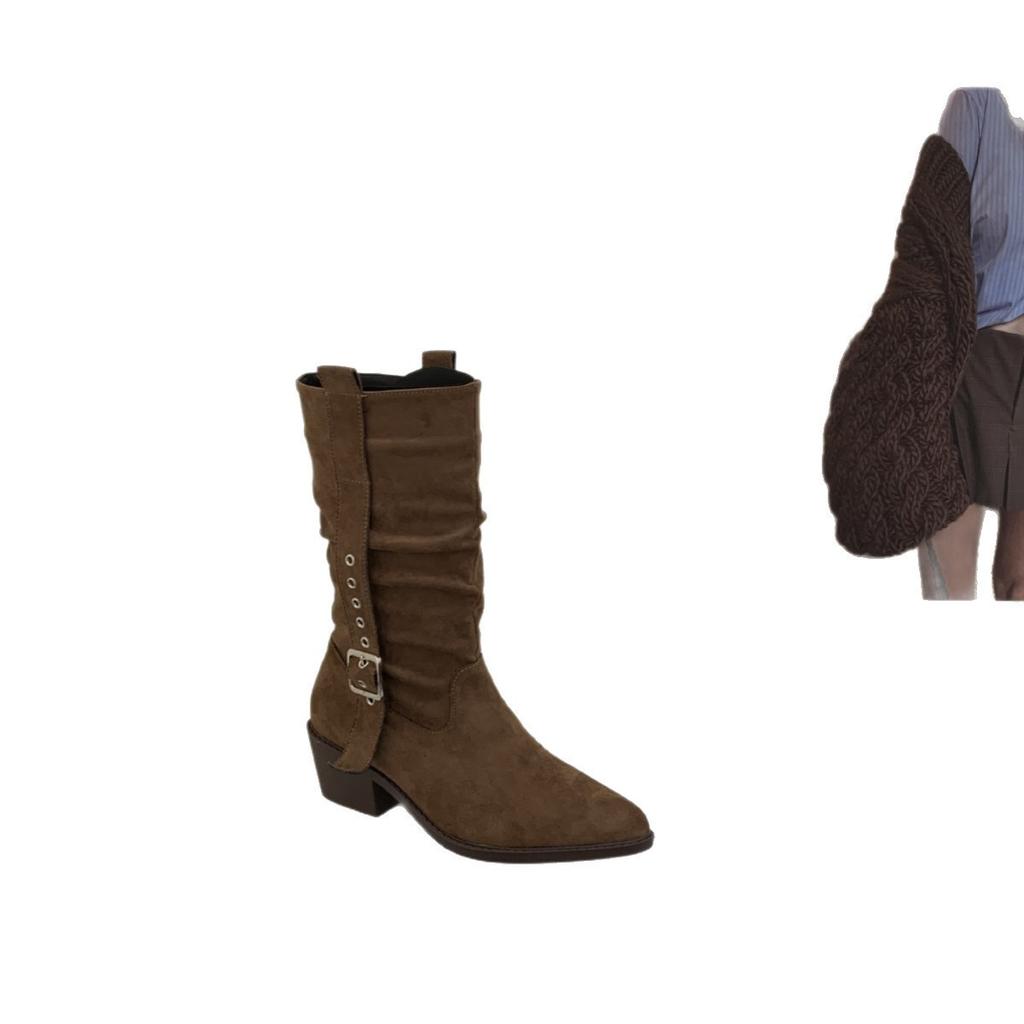 Western Cowboy Boots Women's European and American Spice Girls Vintage Belt Buckle Pointed Mid Boots Small Thick Heel Chelsea Boots Women