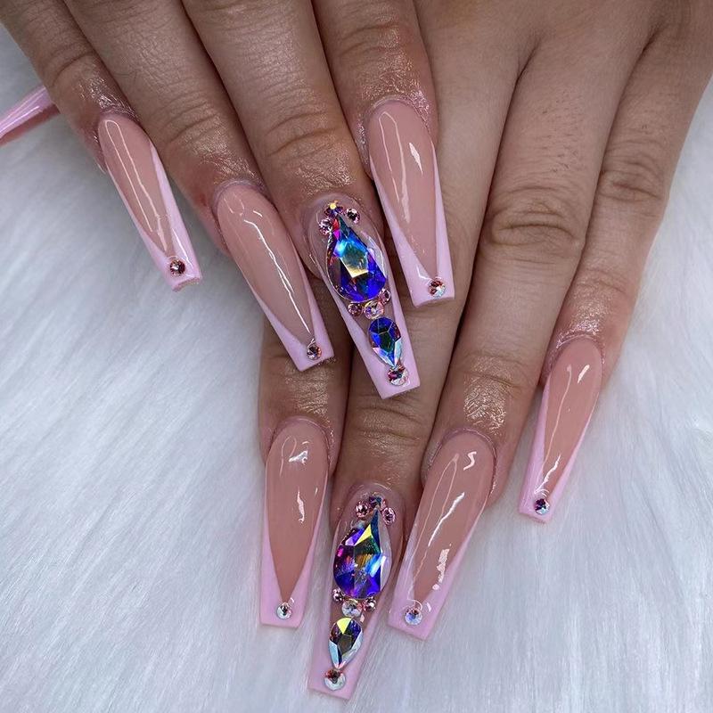 Wearable Nail Art Long Ballet Pink Wearable Nail Long Rhinestone Nail Art Finished Press on nail