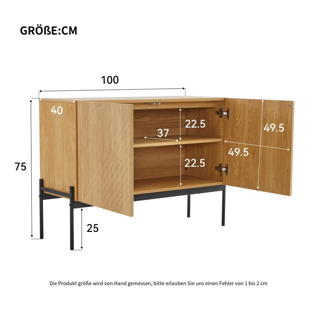 Sideboard Kommode 2 Türen Metallbeine Modernes Linien-Design, Mehrzweckschrank Wohnzimmer/Schlafzimmer/Küche, 100x40x75cm, Naturholzfarbe