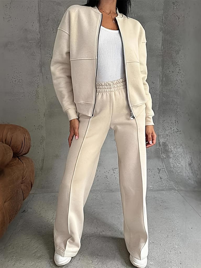 Damen Herbst und Winter Unifarbene Lässige Reißverschlussjacke Weite Hosen Zweiteiliges Set