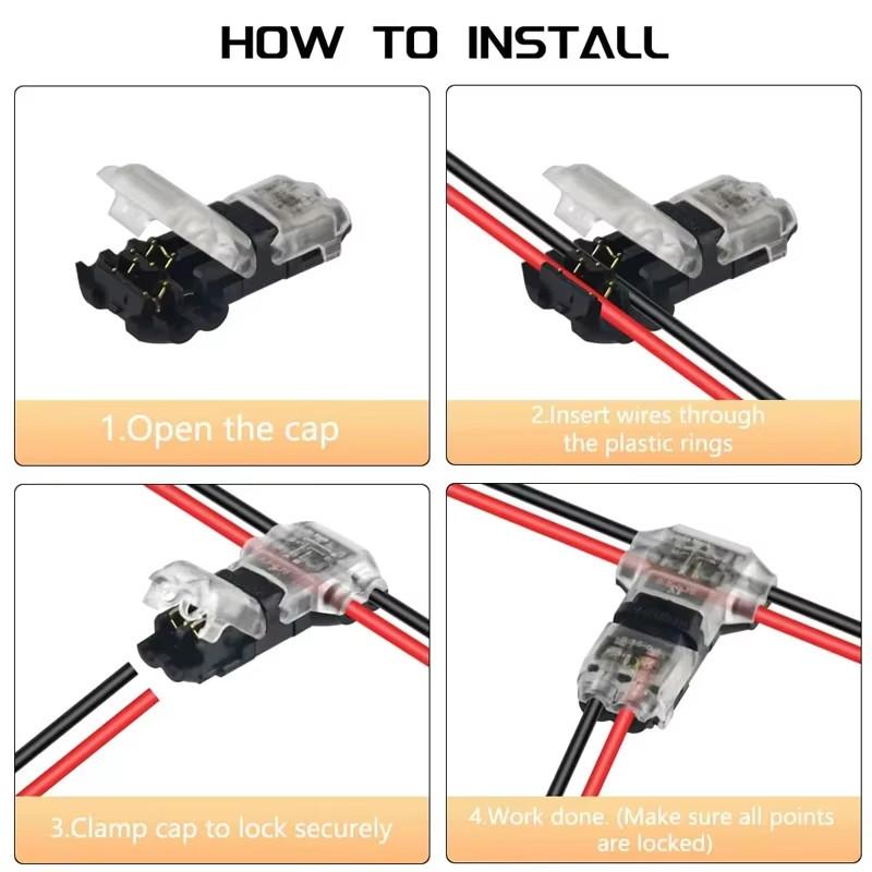 T1 T2 Wire Connectors T-Type 2 Pin 2 Way LED Wire Connector with Locking Buckle Pluggable Universal Compact Wire