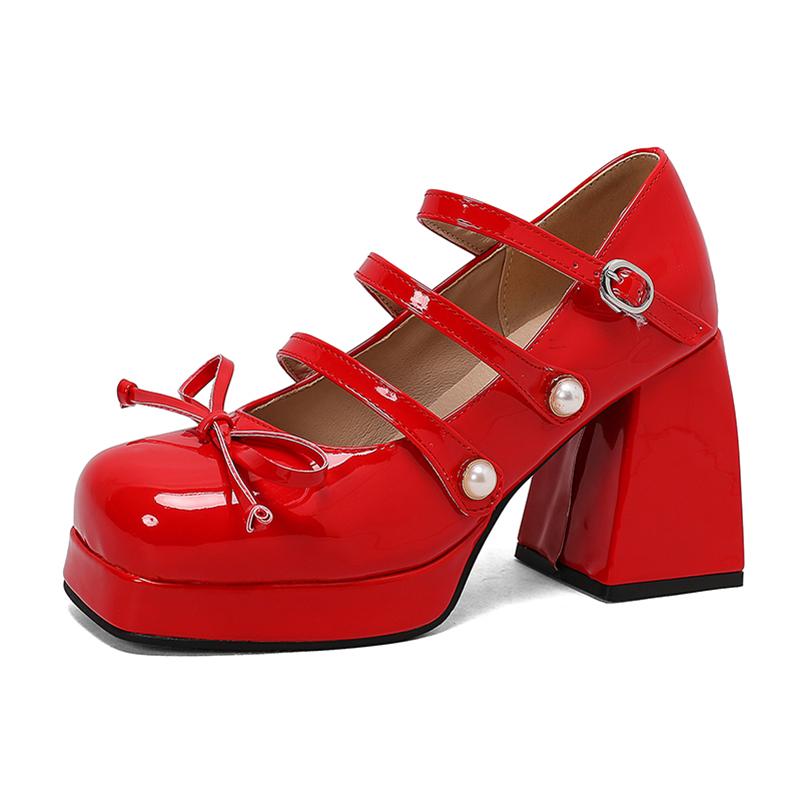 

ANNYMOLI, женские туфли-лодочки Мэри Джейн, туфли-лодочки с квадратным носком, на высоком толстом каблуке, с пряжкой и бантом, перчатки, женская модная обувь, весенне-осенняя обувь белого цвета 46 34 красный