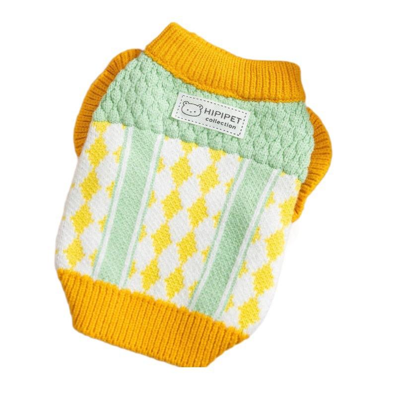 Knitted Dog Sweater With Pineapple Colorblock Grid Design Small Breeds