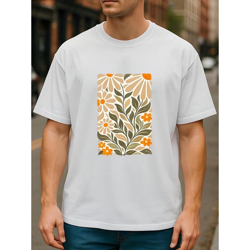 European Size Retro Floral Illustration | Gentle Retro Style All-season Comfortable T-shirt, Lightweight Round-neck Short-sleeved.Men'S T-shirt