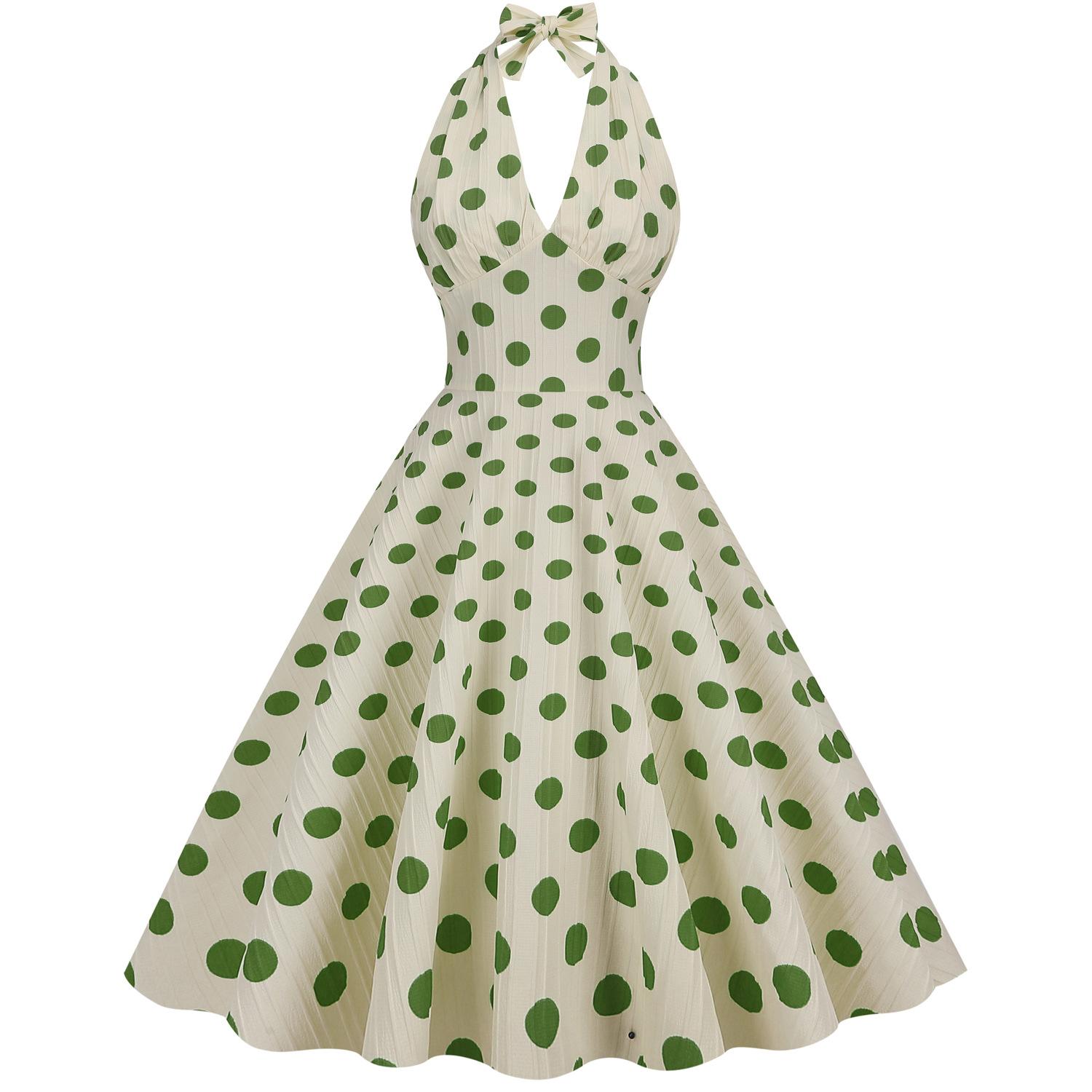 Retro high-waisted polka-dot holiday party cocktail dress: halter-neck, backless, sexy midi dress S