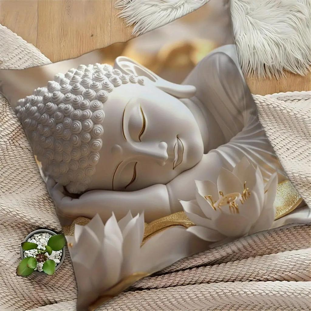 Buddha And For Lotus Print Pillowcase, Soft And Smooth-Touch Polyester Short Plush Fabric, Single-Sided Printed Pattern,