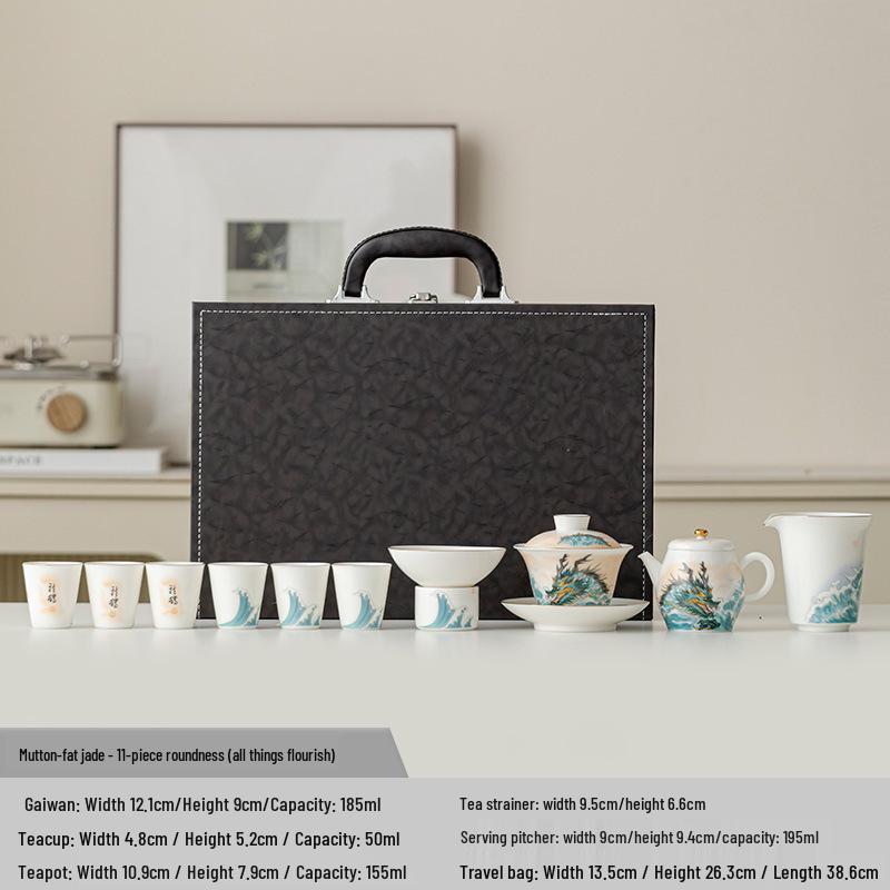 Jade Sheep Fat Porcelain Tea Set: Gaiwan, Gong Dao Bei, Teacup, Teapot.