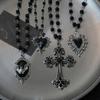 Personality Retro Vampire Bat Cross Heart-shaped Pendant Black Round Bead Chain Necklace for Women Gothic Hallowmas Jewelry Gift