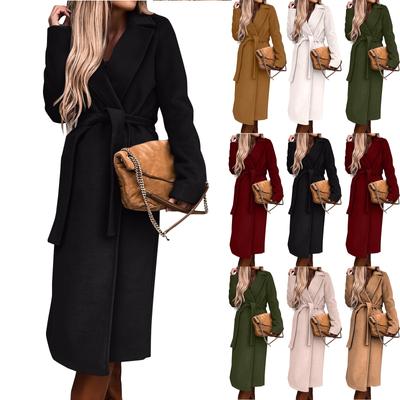 Women's Long Wool Trench Coat, Elegant Belted Overcoat with Lapel Collar for Winter Fashion