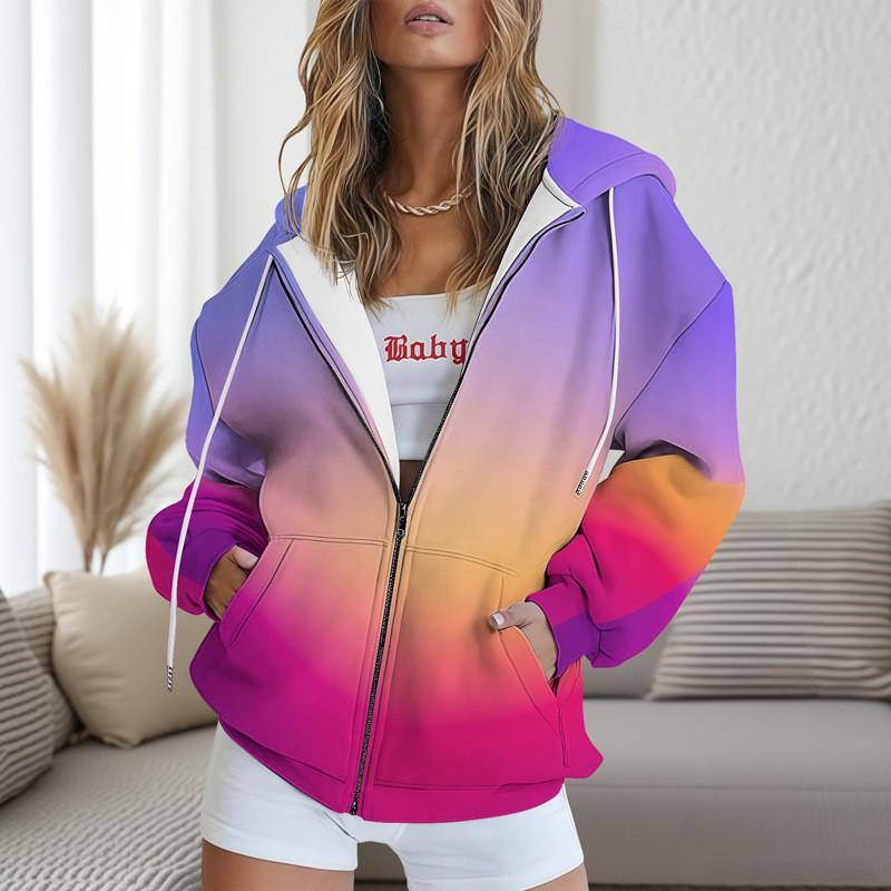 Womens Gradient Striped Hooded Zip-Up Sweatshirt Casual Oversized Long Sleeve Top Fall 2025