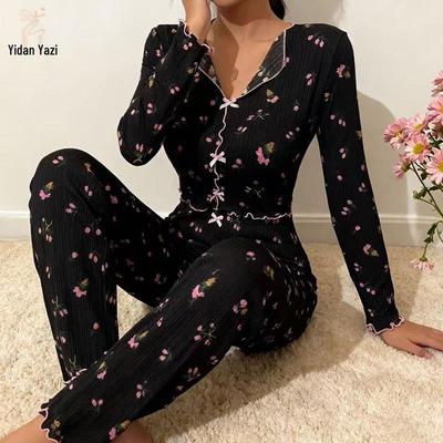 Dames Witte Strik Revers Lange Mouwen Pyjama Set met Omgeslagen Rand Lange Broek - Binnen of Buiten te Dragen