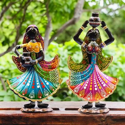 Handcrafted Ethnic Village Girl Dolls Figurine - Set of 2 | Vibrant 16" Metal Showpiece for Home Decor | Ideal Gift for Housewarming, Weddings, Diwali