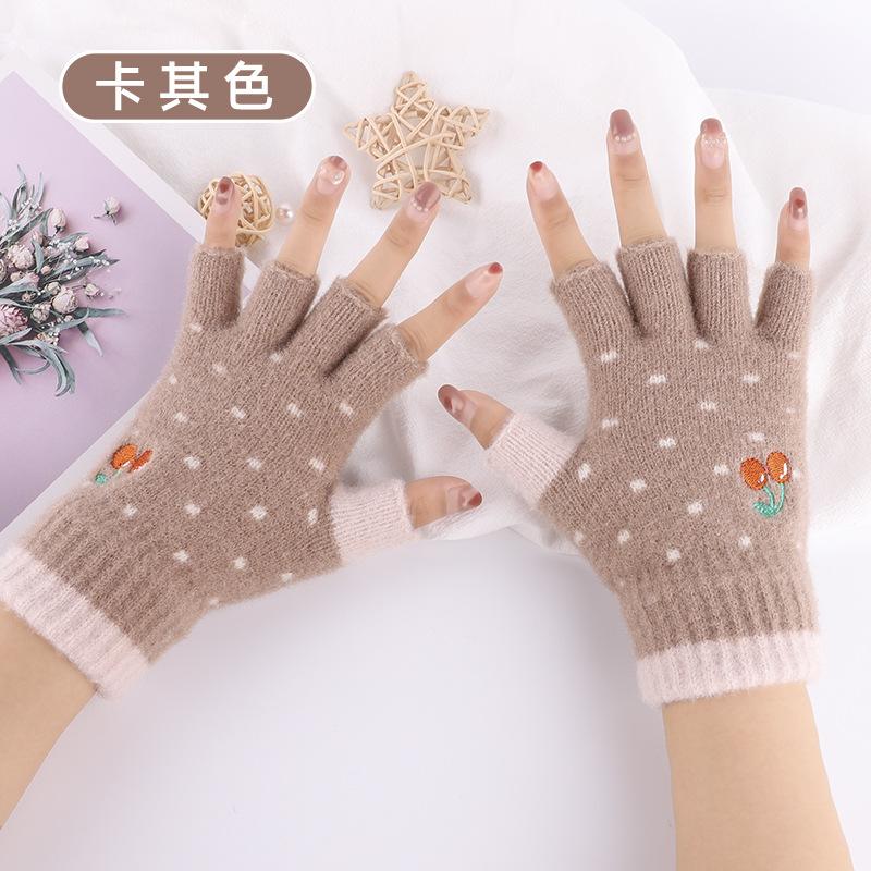 New half-finger gloves women's winter cold protection and warmth dew finger cartoon embroidery cherry warm work writing gloves