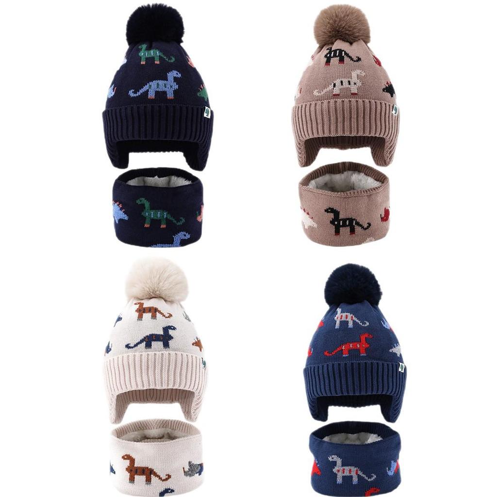 Cartoon Dinosaur Wool Pom-Pom Hat & Scarf Set: Thickened Knit for Autumn/Winter, Ear-Protecting Warmth