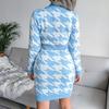 Kvinner Høst Vinter Houndstooth Pack Hip V-hals Langermet høy midje strikket kjole SL