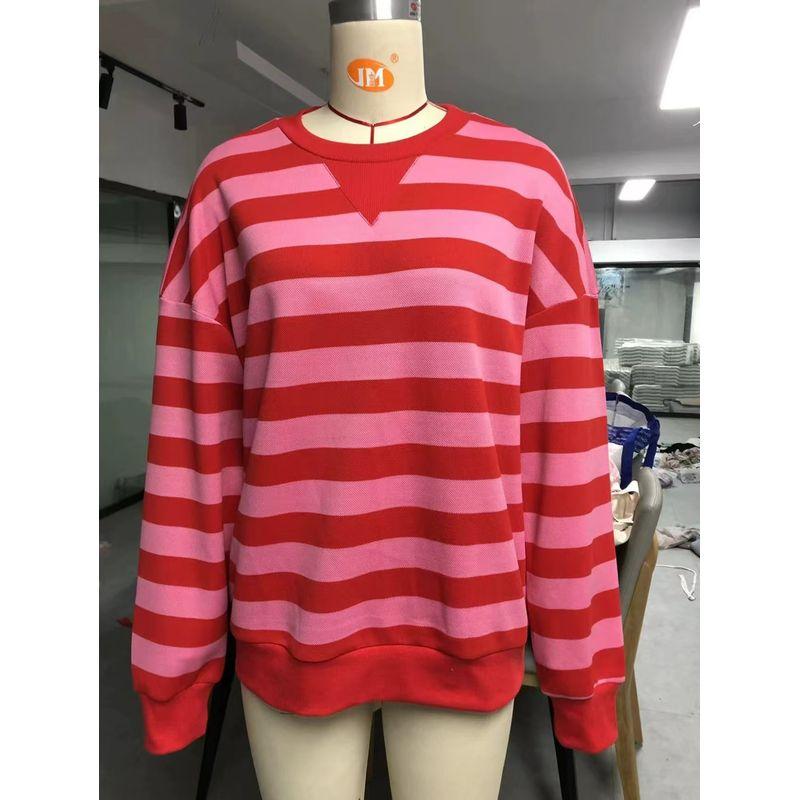 

Fashion New Arrival Loose Casual Striped Crew Neck Long Sleeves Sweatshirt Striped round Neck Loose Top Red XS