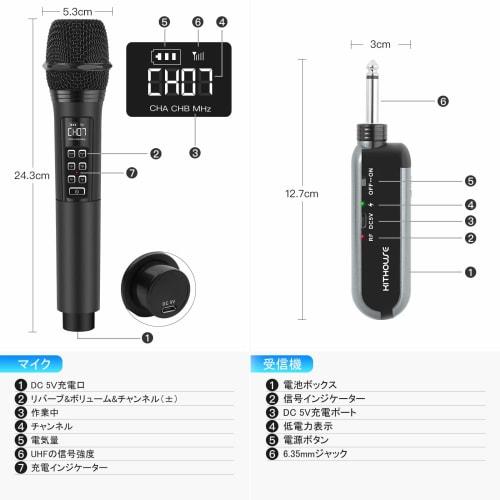 Kithouse Wireless Microphone, UHF Rechargeable, Wireless Karaoke Microphone, 10 Channels with Volume and Echo Control, 6.35mm Receiver, Wireless Handh