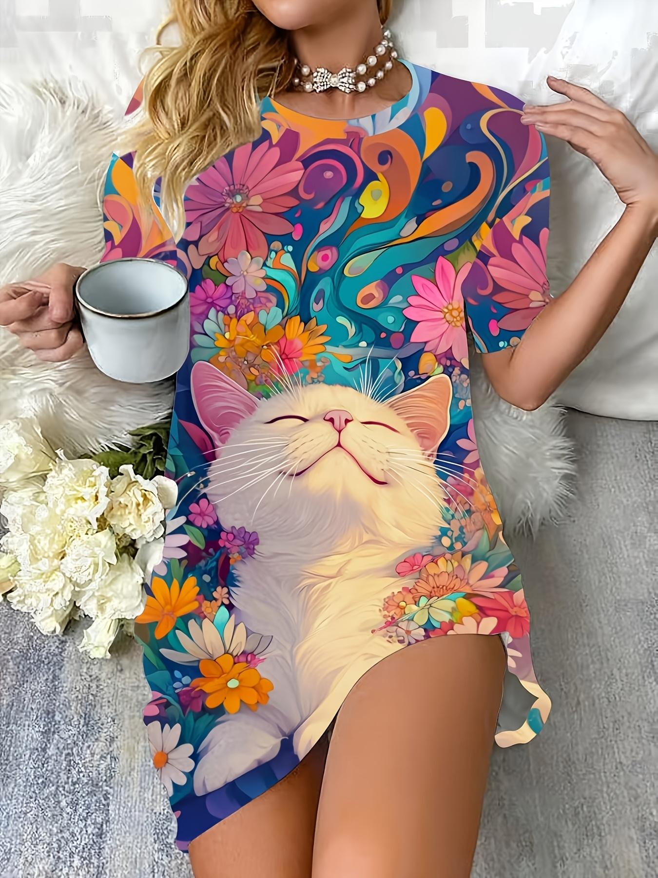 

Women s Short-Sleeve Dress Dress with Cat ; Floral Print - Soft Polyester Blend Sleepwear Suitable for All Seasons. Machine Washable Round Neck Robe w 4XL дубильная кора
