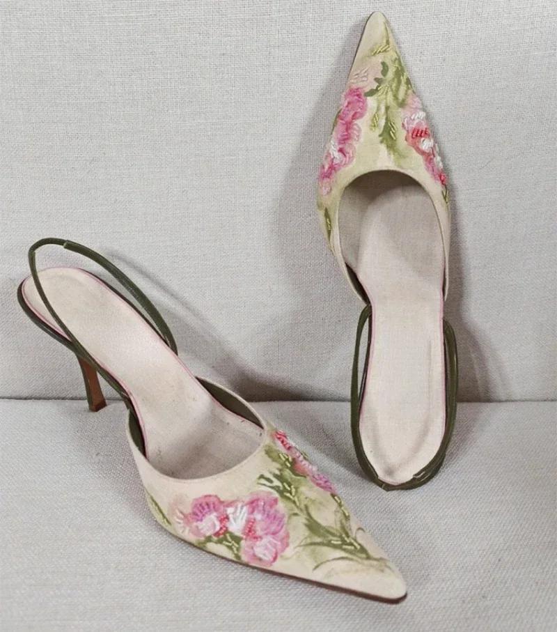 

Embroidered High Heel Sandals Women Elegant Slingback Sandals Summer 2025 Pointed Toe Pumps Dress Shoes Women Zapatos De Mujer 35